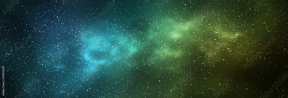 Obraz premium Night starry sky and bright yellow green galaxy, horizontal background banner