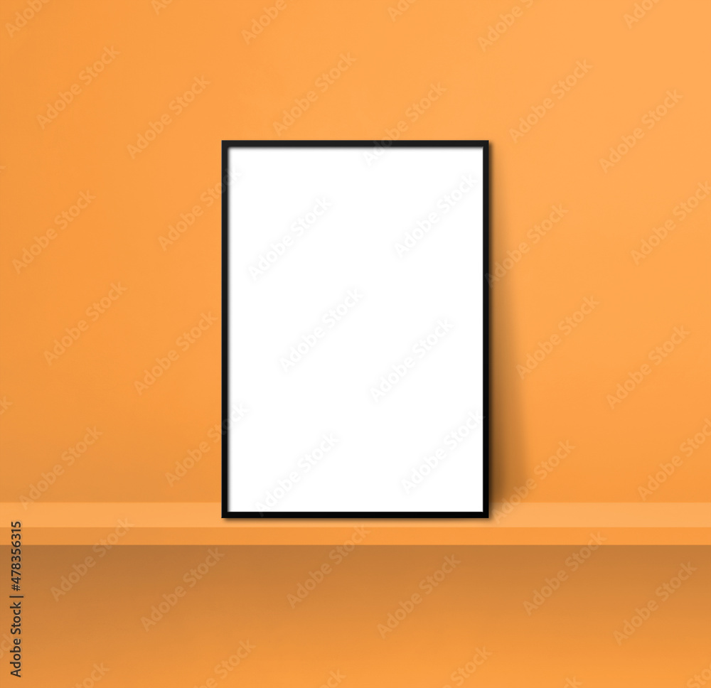 Black picture frame leaning on orange shelf. 3d illustration. Square background Black picture frame leaning on orange shelf. 3d illustration. Square background