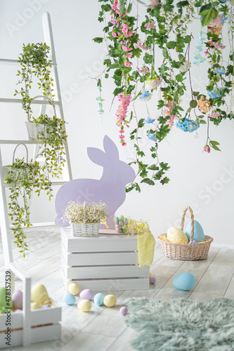 Backdrop for photo studio with easter decorations for kids and family photo sessions. Happy Easter