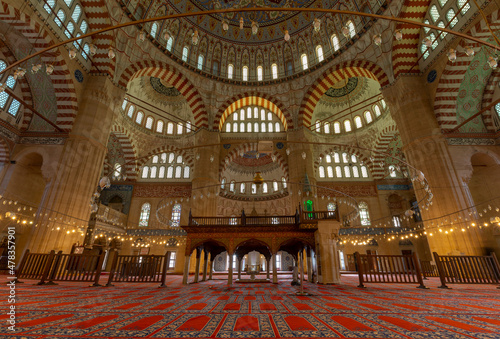 EDIRNE - TURKEY - DECEMBER 24, 2021 : Interior of the Selimiye Mosque. The UNESCO World Heritage Site Of The Selimiye Mosque, Built By Mimar Sinan In 1575