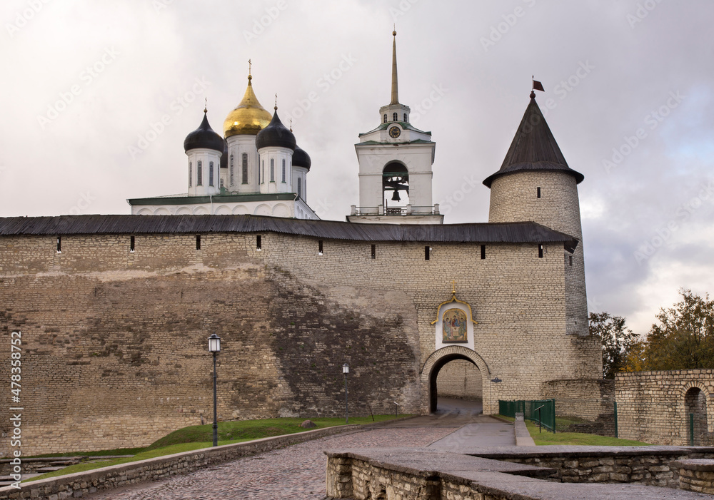 Trinity cathedral, Trinity (Clock) tower and Great gate at Krom (Kremlin) in Pskov. Russia