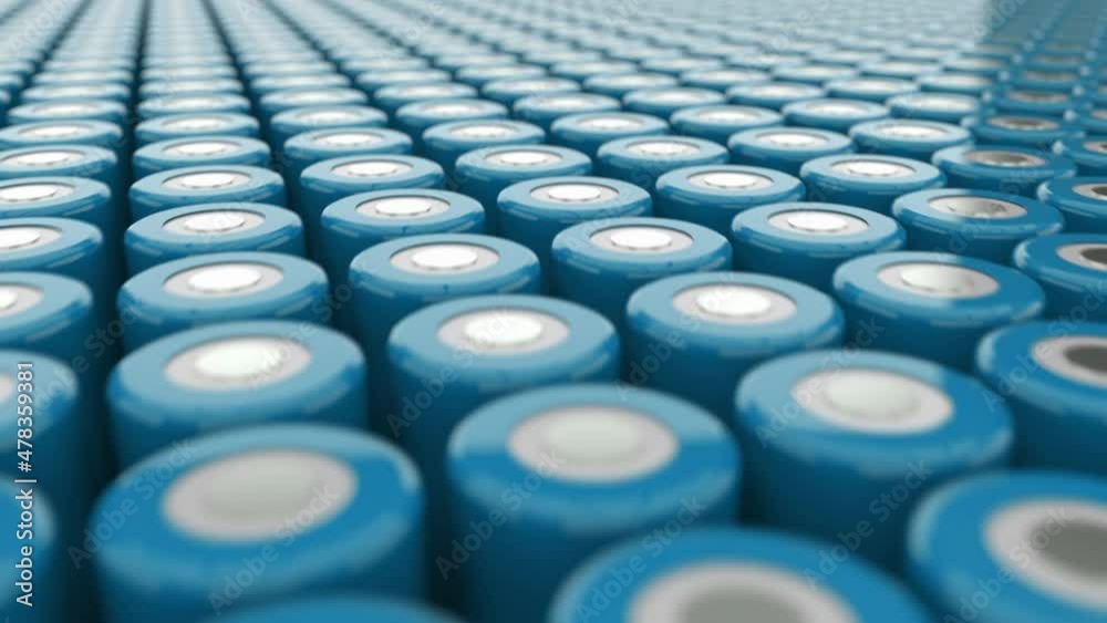 Energy evolution. New High-Capacity 4680 Format Lithium Batteries for automotive production and other consumer electronics.  Seamless loop of blue 4680 batteries, infinity field