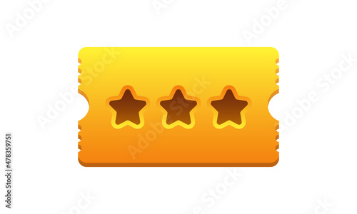 3d golden ticket. Three-dimensional golden ticket with stars. Cartoon vector illustration.	