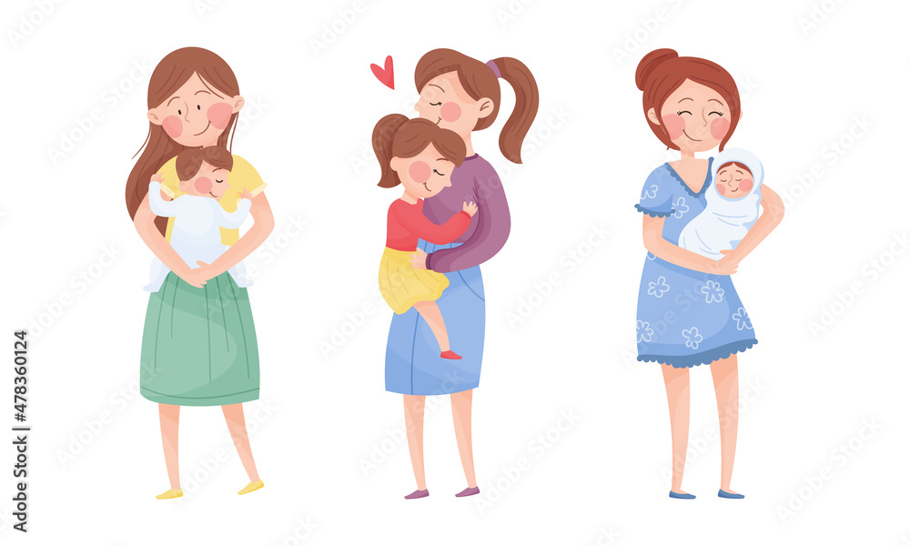 Happy Mother Embracing Tenderly Her Baby Vector Set Happy Mother Embracing Tenderly Her Baby Vector Set