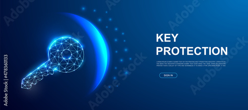 3d blue Key polygonal symbol for landing page template. Low poly Key illustration for promo banner, advertising page design. Security design illustration concept.