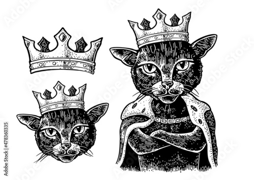 Cat king with paws crossed dressed in the mantle and crown. Vintage vector black engraving photo