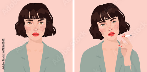 Beautiful girl woman with a cigarette.flat illustration.
