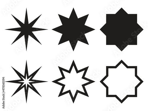 Star shapes collection. Silhouetes and outline eight pointed stars. Simple design elements set. Vector illustration isolated on white.
