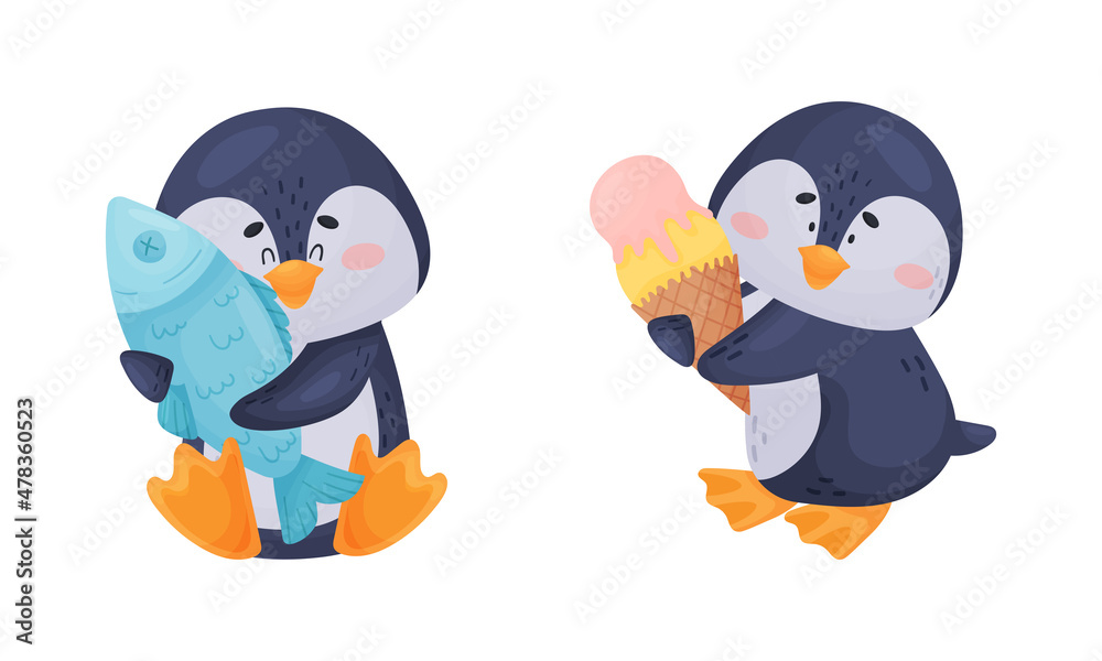 Cute Penguin Arctic Animal Holding Fish and Ice Cream Vector Set Cute Penguin Arctic Animal Holding Fish and Ice Cream Vector Set