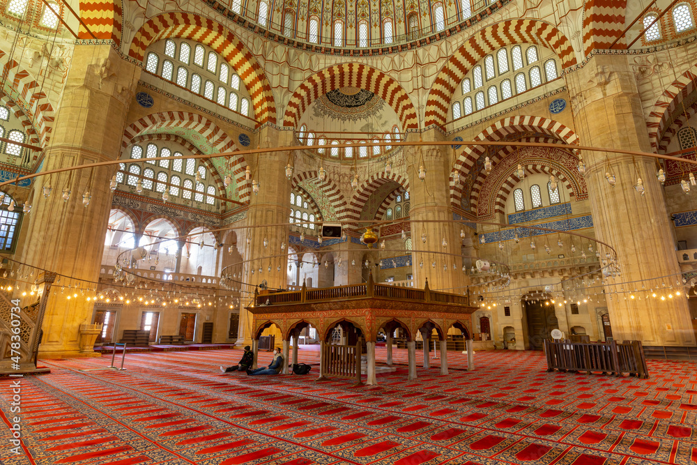 EDIRNE - TURKEY - DECEMBER 24, 2021 : Interior of the Selimiye Mosque. The UNESCO World Heritage Site Of The Selimiye Mosque, Built By Mimar Sinan In 1575