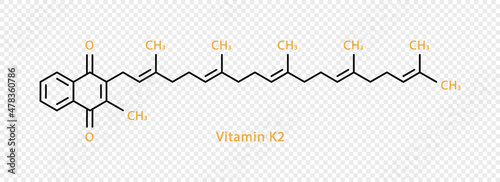 Vitamin K2 chemical formula. Vitamin K2 structural chemical formula isolated on transparent background.