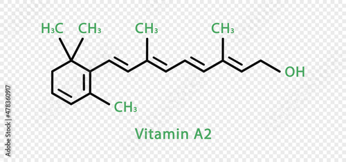 Vitamin A2 chemical formula. Vitamin A2 structural chemical formula isolated on transparent background.