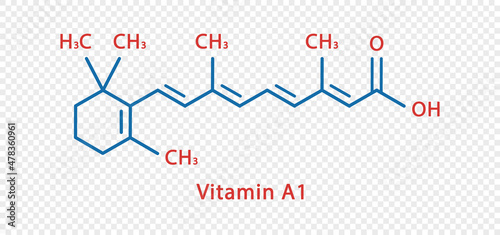 Vitamin A1 chemical formula. Vitamin A1 structural chemical formula isolated on transparent background.