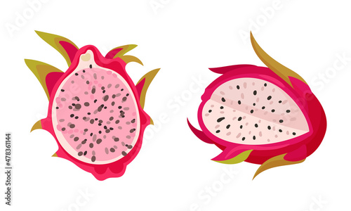 Pitaya or Pitahaya Tropical Fruit with White Juicy Flesh Vector Set