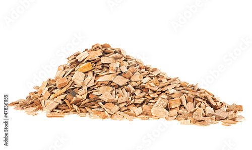 Pile of wood smoking chips isolated on a white background. Ecological fuel.