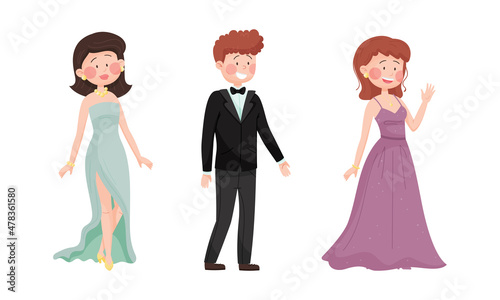 Young Man and Woman in Evening Dress and Dinner Jacket Waving Hand Vector Set