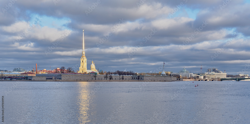 Cityscape of Saint Petersburg, Russia. View of Peter and Paul Cathedral and fortress, Neva River.
