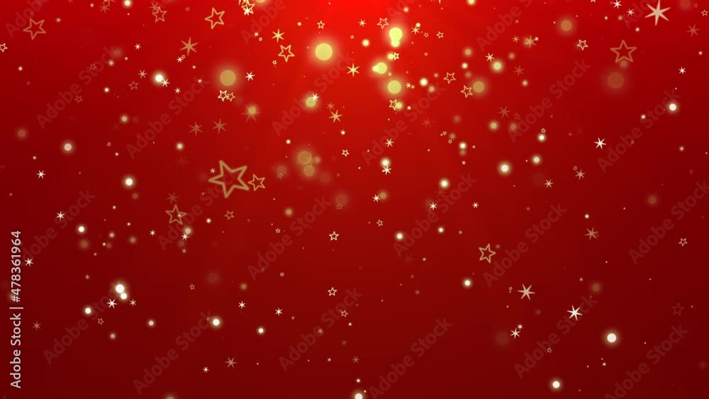 Gold snowflakes and stars with glitters in red sky, holidays and winter style background for Happy New Year and Merry Christmas