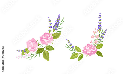 Pink Rose Bud and Tender Lavender Flower Twigs Arranged in Decor Composition Vector Set © Happypictures