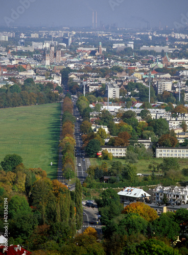 The view of the Krakow city center from Kopiec Koœciuszki hill outlook. Krakow, Poland