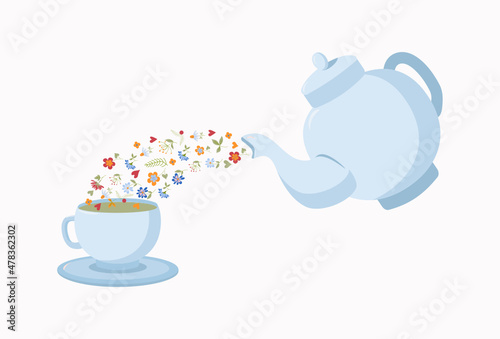 Floral green tea is poured from a teapot into a cup. Tea with flowers. Нerbal drink. Healthy vitamin tea. Vector illustration with isolated background.