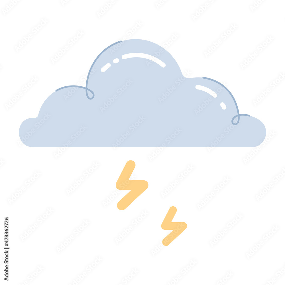 Cloud with lightning strikes or thunderbolts. Cute thunder storm weather icon. Colored flat vector illustration isolated on white background Cloud with lightning strikes or thunderbolts. Cute thunder storm weather icon. Colored flat vector illustration isolated on white background