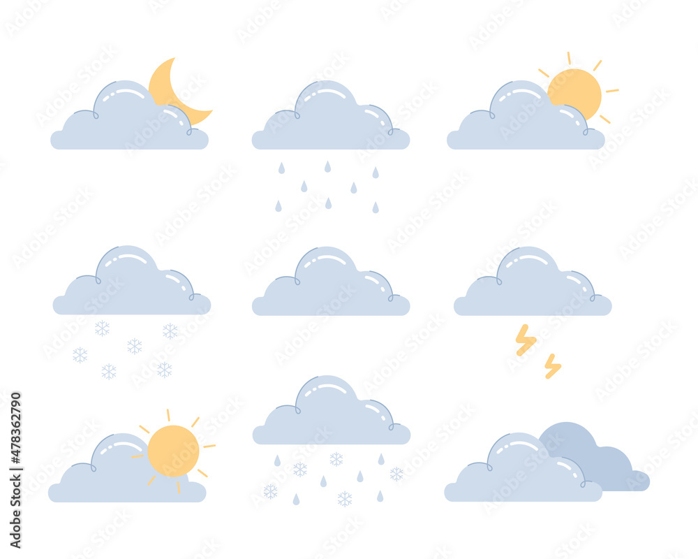 Weather phenomena icon set - clouds, wind, thunderstorm, snow, rain, sun, moon on white background.Modern colored vector illustration cartoon flat style.
