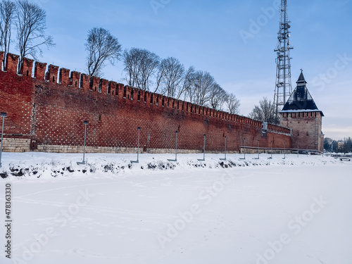 The historic city center of Smolensk, Russia. Old castle wall of Kremlin in Smolensk