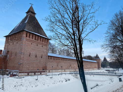 The historic city center of Smolensk, Russia. Old castle wall of Kremlin in Smolensk