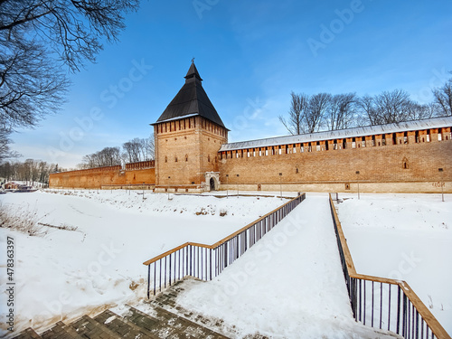 The historic city center of Smolensk, Russia. Old castle wall of Kremlin in Smolensk