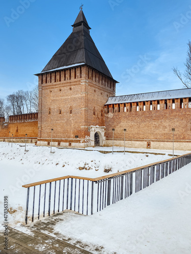 The historic city center of Smolensk, Russia. Old castle wall of Kremlin in Smolensk