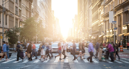 Crowd of people walking across the crosswalk at the busy intersection of 23rd Street and 5th Avenue in Manhattan, New York City