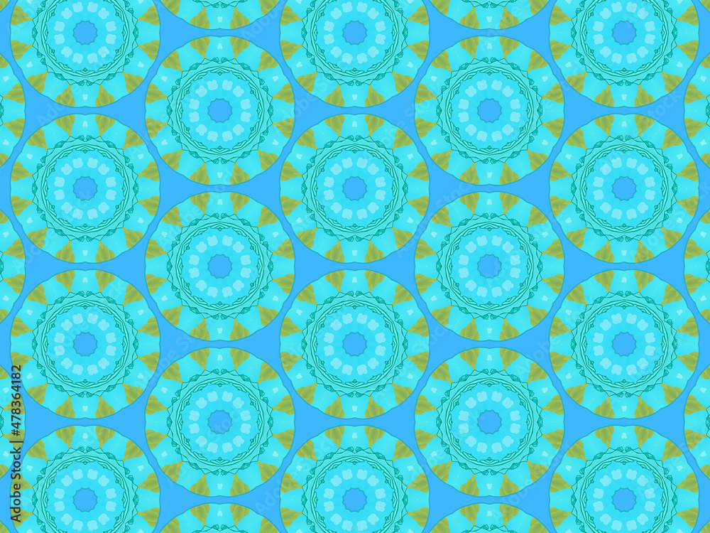 Modern and sophisticated geometric pattern in blue and green colors. Bright kaleidoscopic print for wallpapers, wrapping paper, stationery. Repeating textile pattern with geometric flowers.