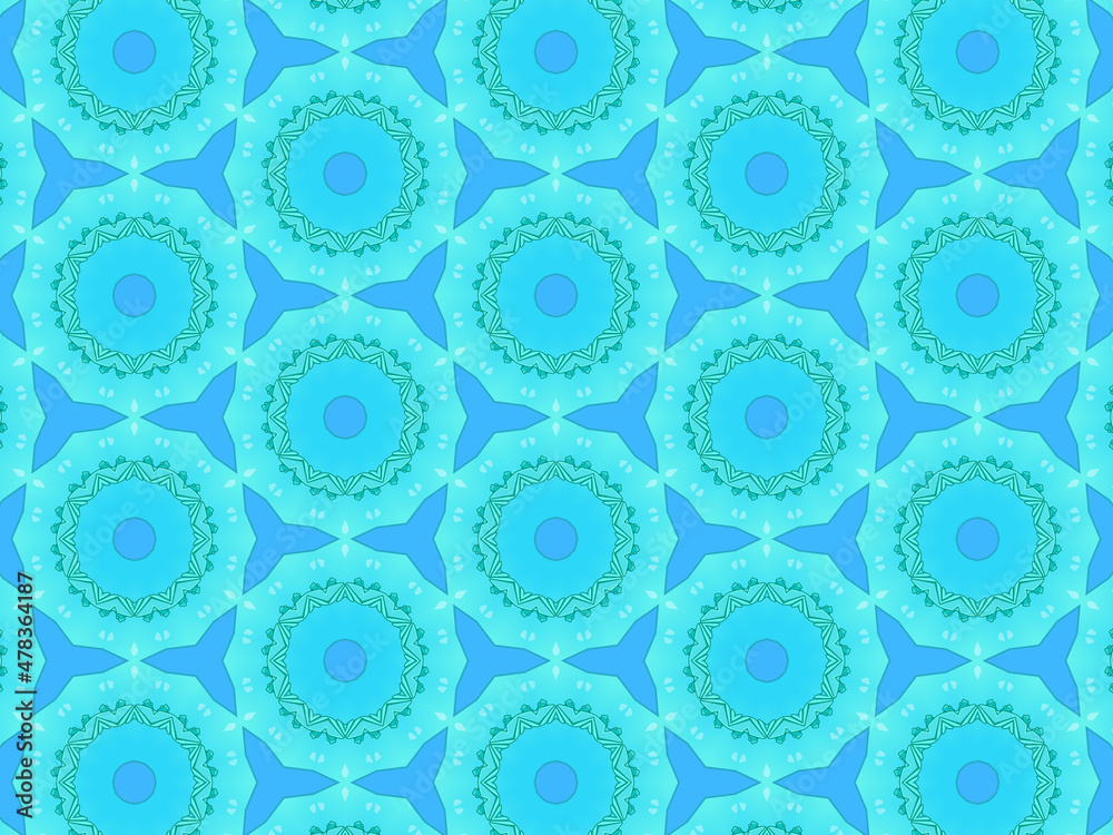 Modern and sophisticated geometric pattern in blue colors. Bright kaleidoscopic print for wallpapers, wrapping paper, stationery. Repeating textile pattern with geometric flowers.
