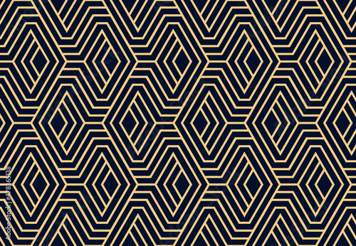 Abstract geometric pattern with stripes, lines. Seamless vector background. Gold and dark blue ornament. Simple lattice graphic design