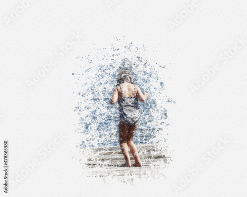 Girl jumping off pier into water, watercolor effect illustration