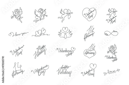 Love and Valentines lettering set. Heart continuous line drawing, small tattoo, print for clothes and logo design, one single line on a white background, isolated vector illustration.