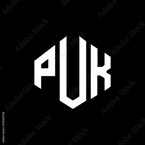 PUK letter logo design with polygon shape. PUK polygon and cube shape logo design. PUK hexagon vector logo template white and black colors. PUK monogram, business and real estate logo.