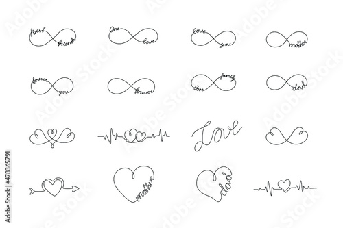 Set of Infinities Love and Lettering. Valentines day. Heart continuous line drawing, small tattoo, print for clothes and logo design, isolated vector illustration.