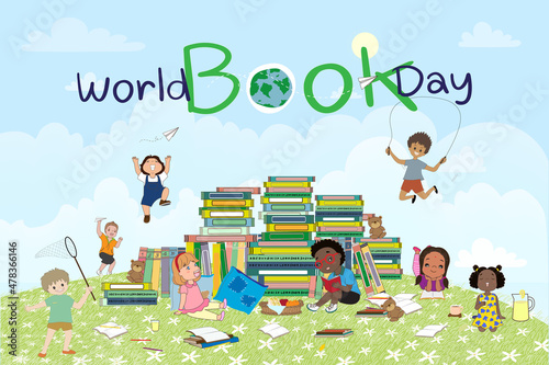 World book day with Stack of book,kids sitting reading book,having picnic and playing in grass field,Vector cute cartoon Schoolchildren relaxing outdoor on Book week,back to school,Education concept