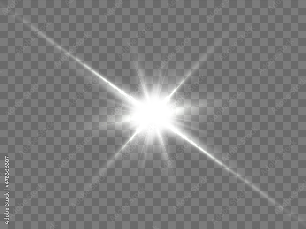 Flash of bright white light on a transparent background Vector.