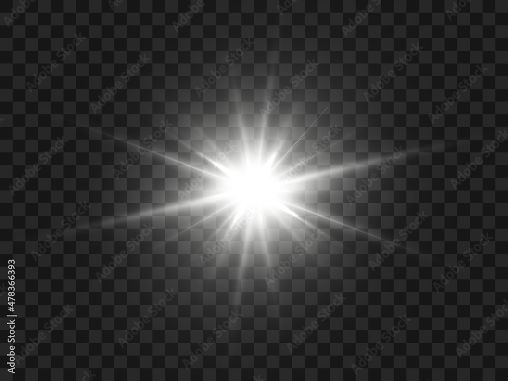 Flash of bright white light on a transparent background Vector.