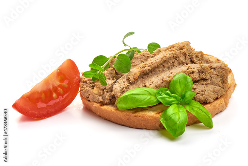 Liver pate sandwich, close-up, isolated on white background. photo