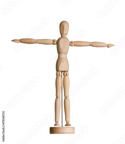 wooden doll mannequin spread his arms to the sides, demonstrates a sports exercise, isolated on white