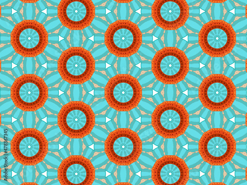 Modern sophisticated geometric pattern in soft blue and terracotta colors. Bright kaleidoscopic print for wallpapers, wrapping paper, stationery. Repeating textile pattern with geometric flowers.