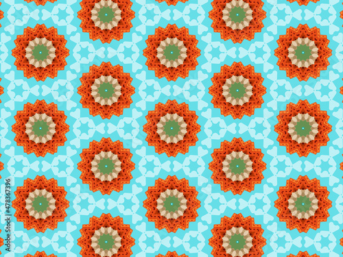 Modern sophisticated geometric pattern in soft blue, green, and terracotta colors. Kaleidoscopic print for wallpapers, wrapping paper, stationery. Repeating textile pattern with geometric flowers.
