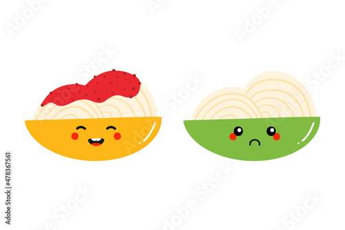 Set, collection of spaghetti dish with tomato sauce characters for food design. Happy and sad spaghetti dish characters.