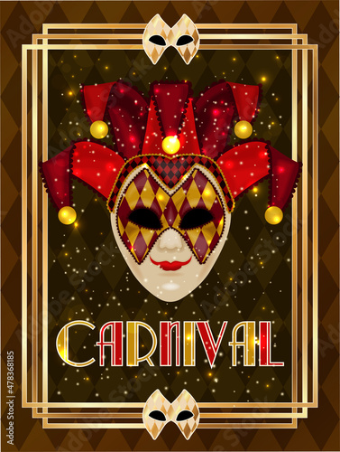 Venice carnival mask, invitation card in art deco style , vector illustration