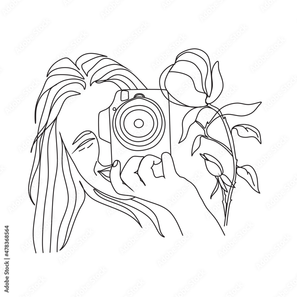 Girl with a camera vector line drawing. Fine One Line Vector Art ...