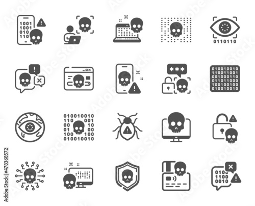 Cyber attack icons. Phishing risk, Data ransomware, Binary code. Hacker attack, Virus secure, Malware bug simple icons. Cyber crime, Safe password and Data phishing. System hacking skull. Vector